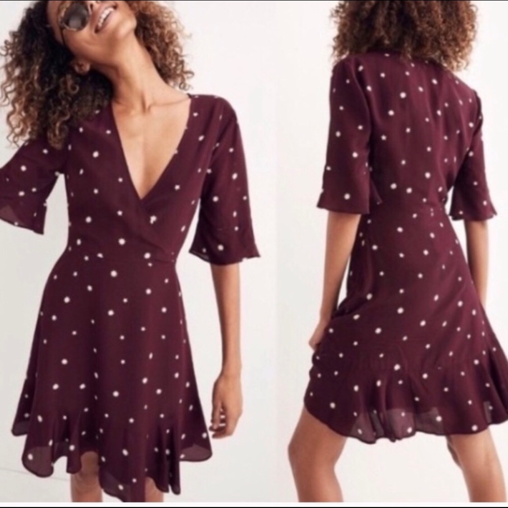 MADEWELL FLUTTERHEM SILK MAROON STAR DRESS
